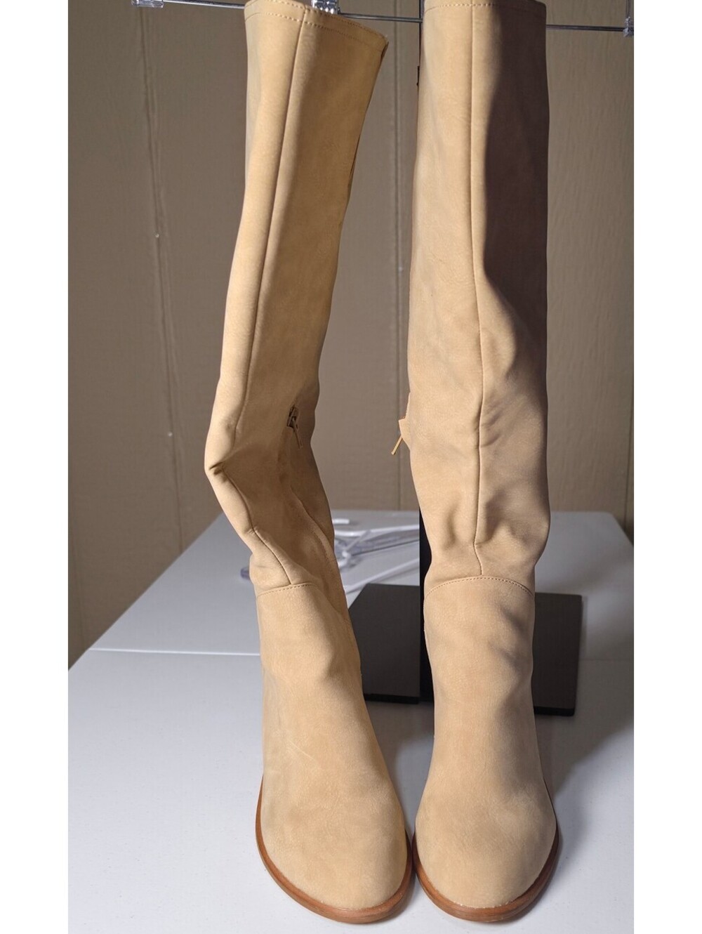 Tall Suede Knee-High Heeled Boots in Beige